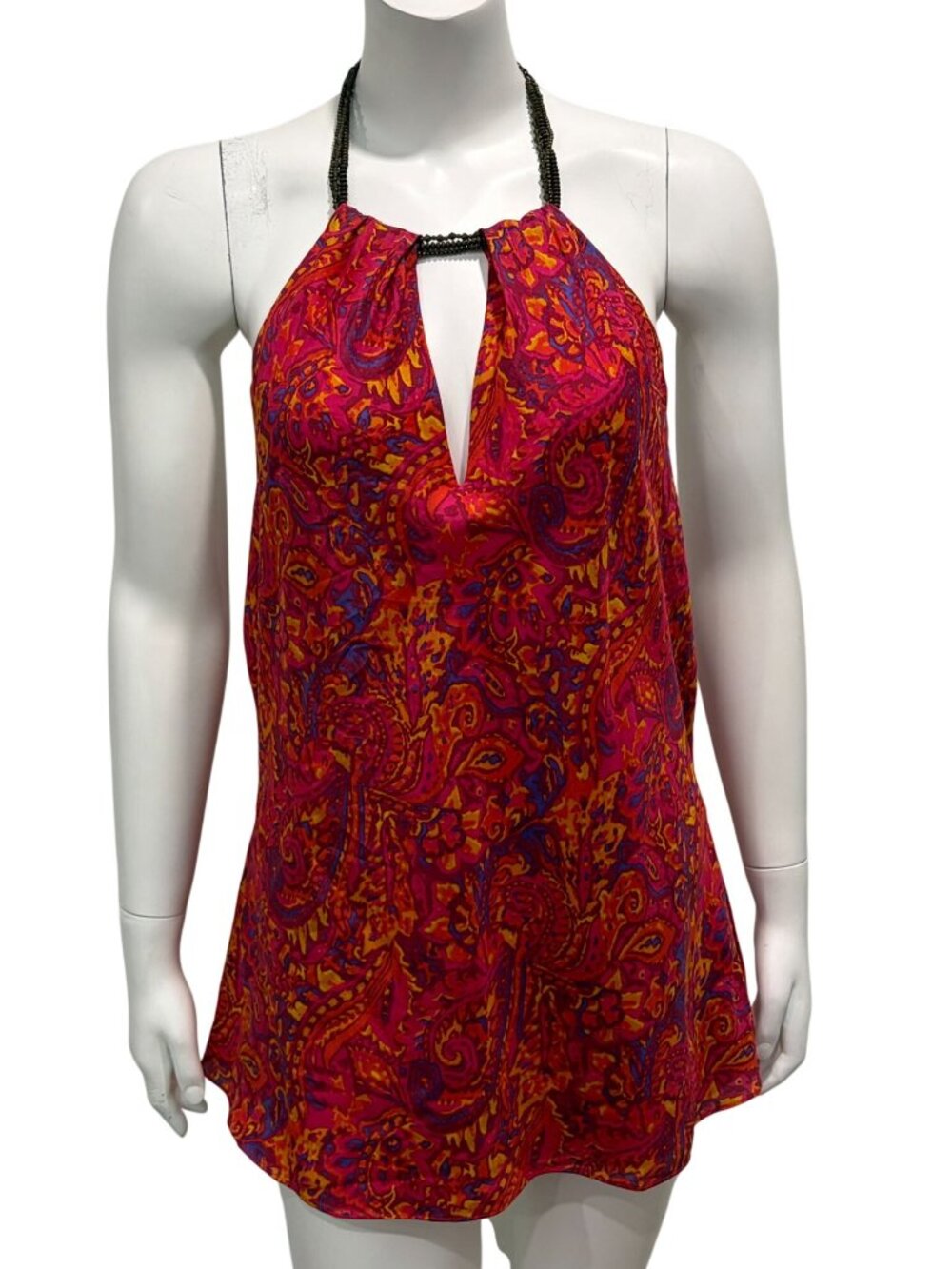 Lauren Ralph Lauren Silk Paisley Halter Top Beaded Straps Open Back Womens L